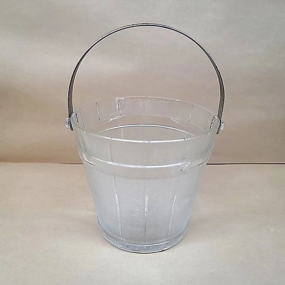 Vintage Textured Clear Glass Keg Barware Ice Bucket w/Hammered Handle & Tongs